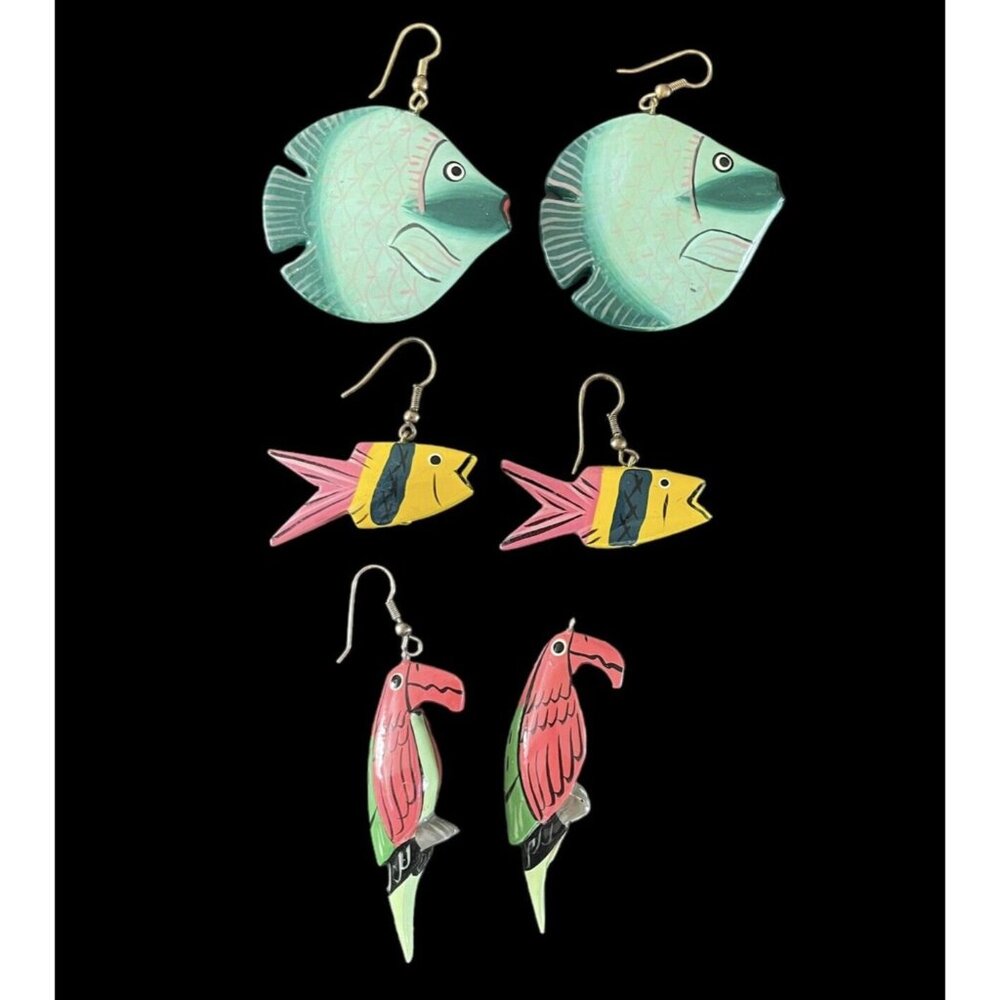 Vintage Stefano Bali‎ Wood Colorful Turquoise Tropical Fish Parrot Handmade